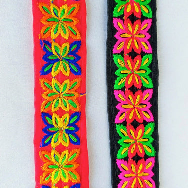 Red Cotton Fabric Trim With Blue, Orange Yellow & Green Embroidery, Boho trim